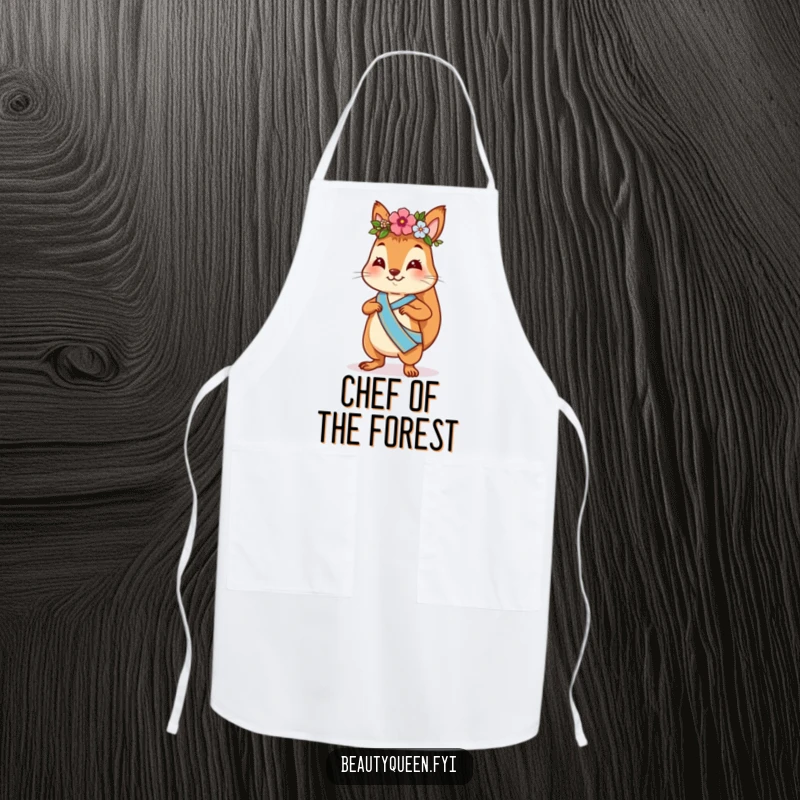 Funny squirrel apron with a playful squirrel wearing a flower crown and sash, strutting confidently, ideal for kitchen fun.