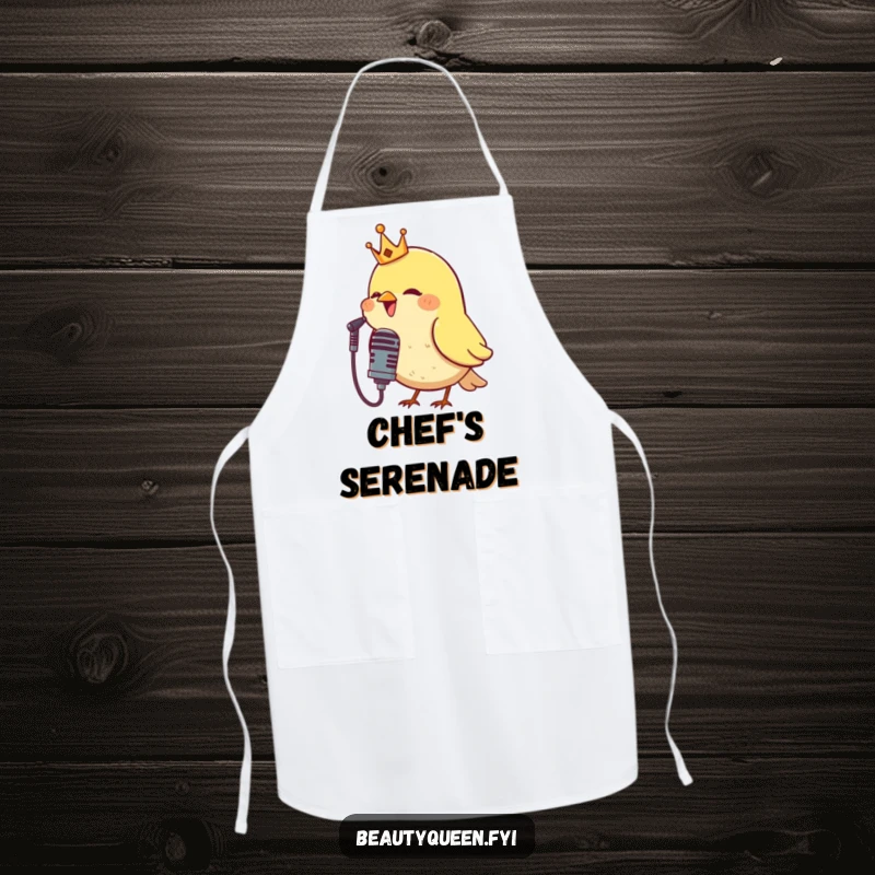Funny apron featuring a crowned bird singing into a microphone, perfect for chefs and home cooks who want to add a humorous and theatrical element.