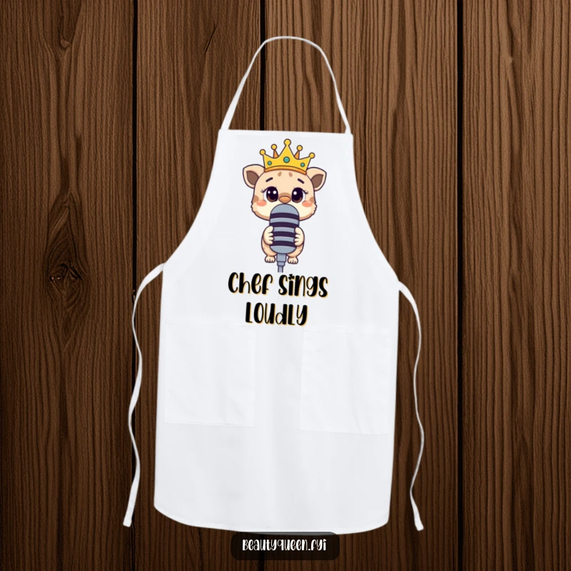 Funny apron design showing a curious animal with a crooked crown, peeking over a large microphone.