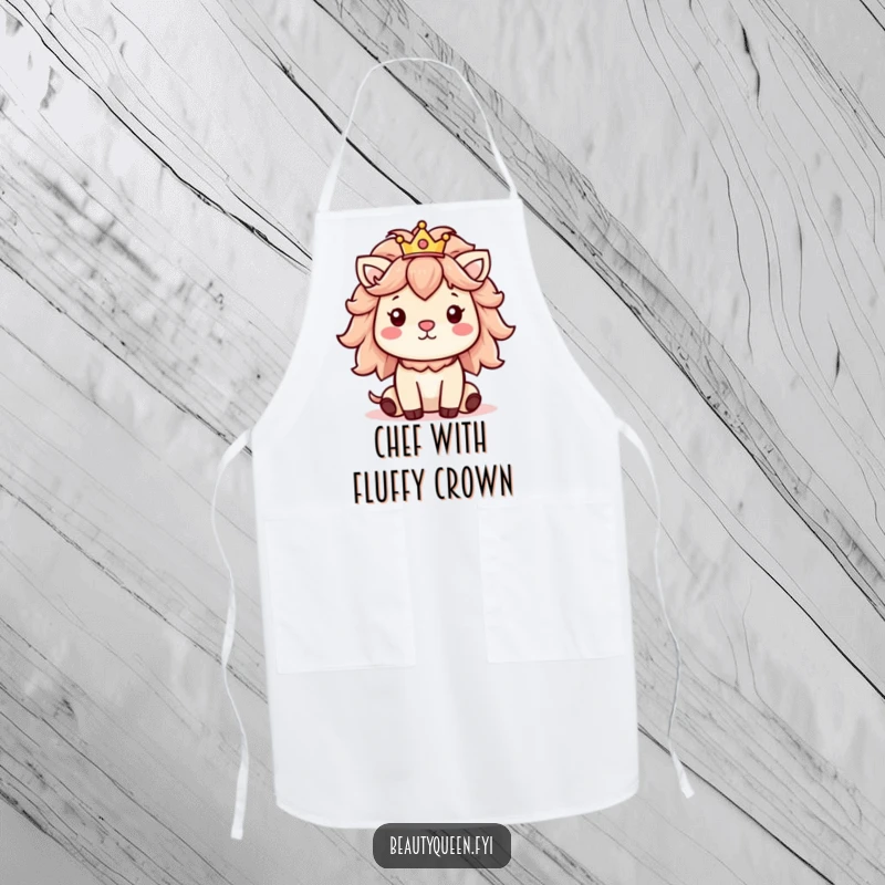 Funny apron design showing a cheerful animal with a fluffy mane and a tiny, cute crown, ready to cook.