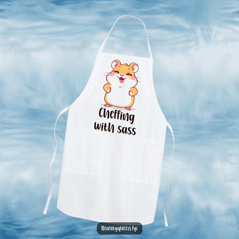 Funny hamster apron with a giggling hamster striking a pose with paws on hips, making kitchen tasks more fun and cheerful.