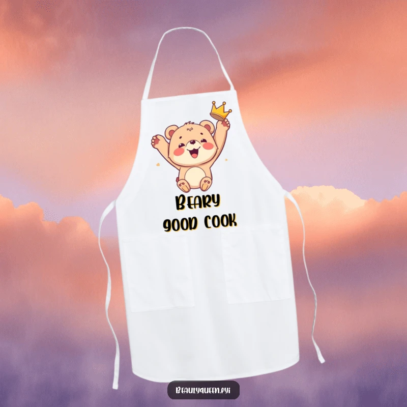 Funny bear cub apron showing a smiling cub tossing a crown in the air, ready to cook up hilarious meals with royal flair.