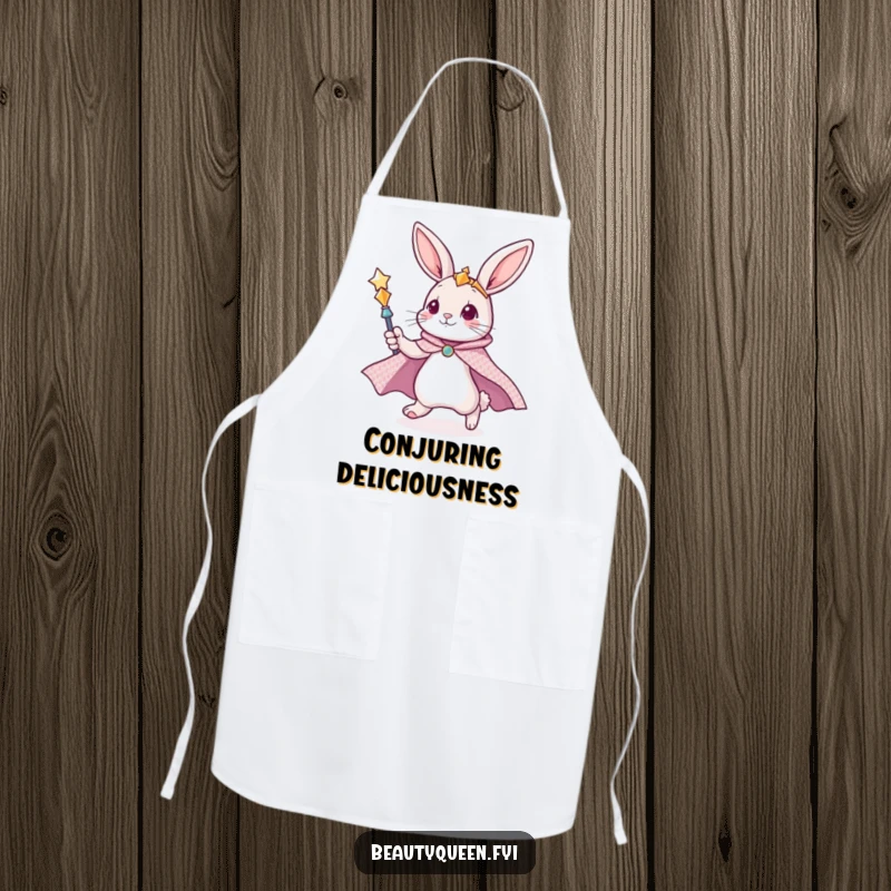 Funny bunny apron depicting a cute bunny in a glittering cape and chef hat, zooming with a scepter.