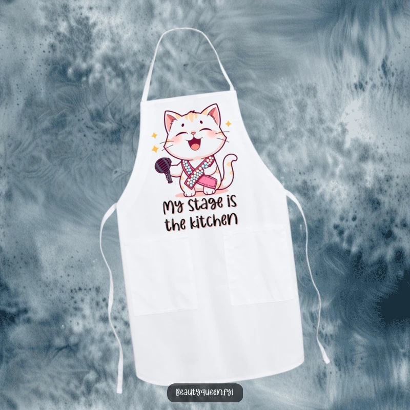 Funny cat apron showcasing a giggling cat in a sequined sash, holding a microphone, ready to whip up hilarious culinary creations with flair.