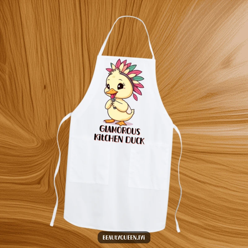 Funny duckling wearing a feathered headdress and holding a lipstick, ready for culinary adventures in a fun apron.