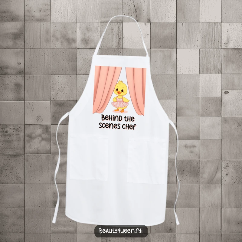 Funny duckling wearing a shimmering dress peeking mischievously from behind a kitchen curtain, a cute cooking apron.
