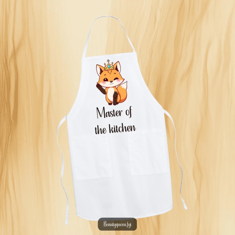 Funny playful fox wearing a shimmering crown poses elegantly with one paw raised, on a kitchen apron.