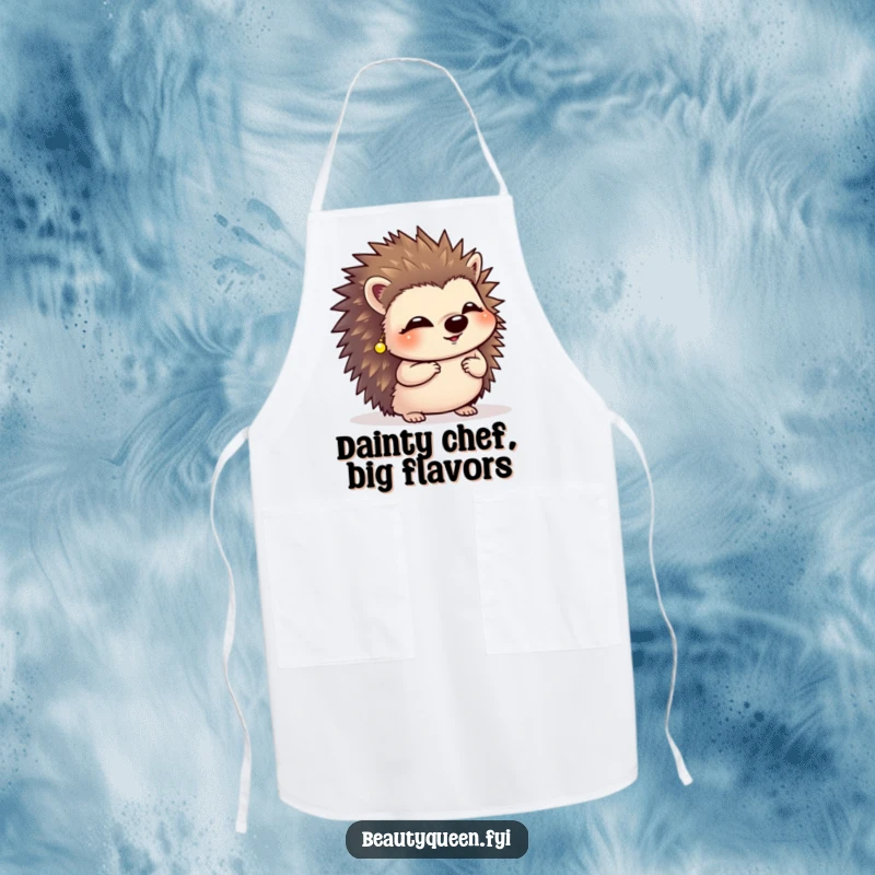 Funny giggling hedgehog wearing tiny earrings, mid-curtsy on a kitchen apron, adding a cute touch.