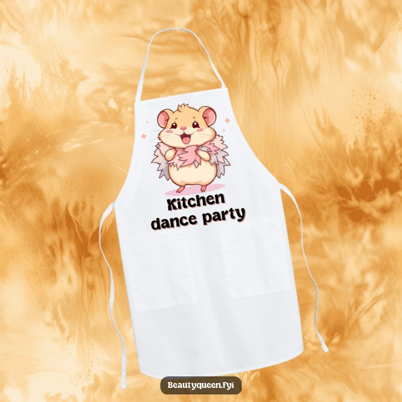 Funny Hamster Apron: Kitchen apron featuring a humorous illustration of a squeaking hamster wearing a feathered boa and dancing.
