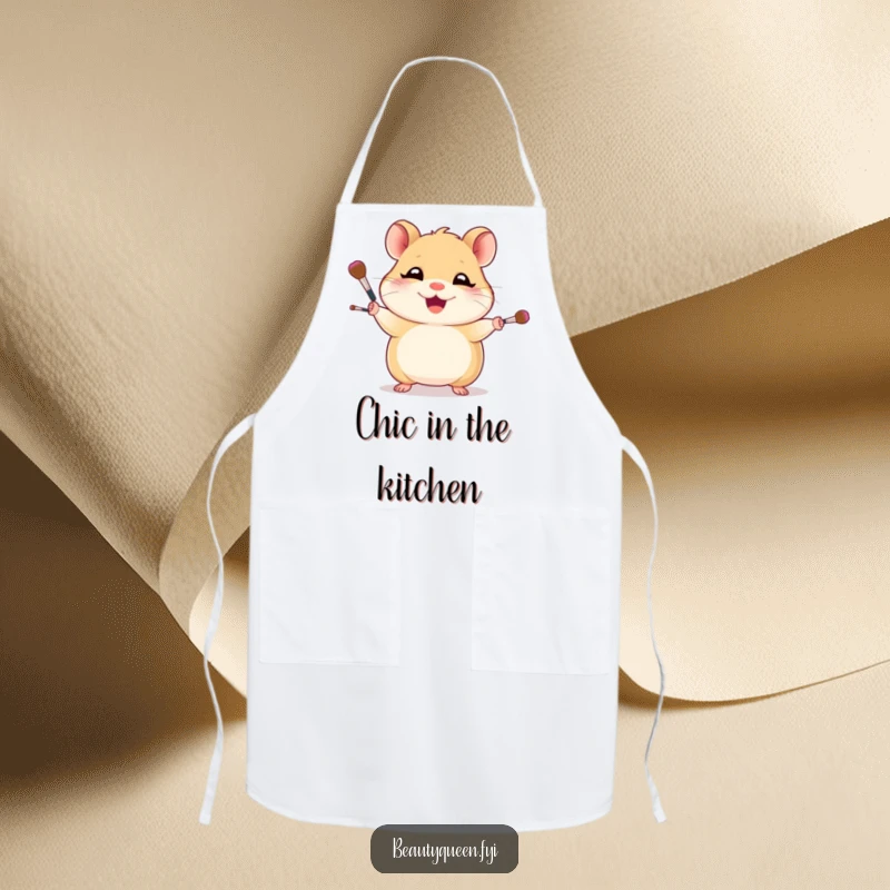 Funny apron featuring a giggling hamster artistically juggling makeup brushes, ideal for chefs or crafters who love humor.