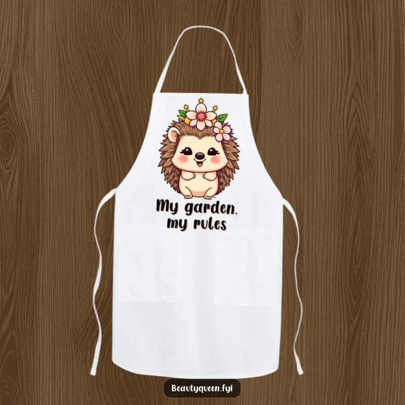 Funny Hedgehog Apron: A happy hedgehog queen wearing a flower crown is ready to create magic in the kitchen with royal humor.