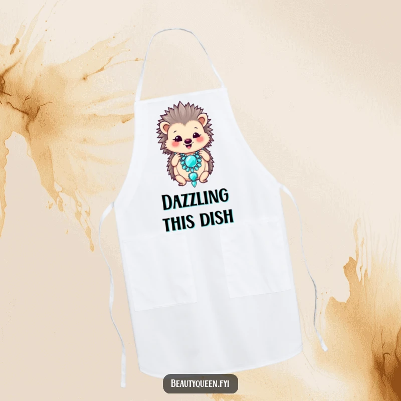 Funny apron showing a smiling hedgehog adjusting a large, oversized jeweled necklace while cooking.