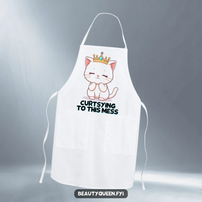 Funny apron showing a kawaii cat wearing a glittery crown and attempting a curtsy.