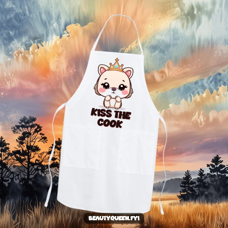 Funny apron showing a cute animal wearing a sparkly tiara, blowing a kiss goodbye, ready for kitchen adventures.