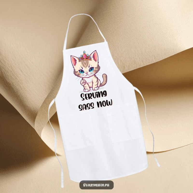 Funny cute kitten wearing a jeweled tiara strikes a fierce yet adorable runway pose on an apron.