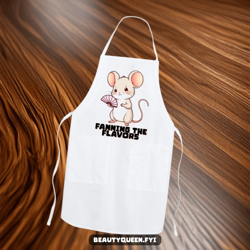 Funny mouse apron with a sweet mouse practicing a regal wave with a tiny fan, making kitchen tasks more charming and fun.