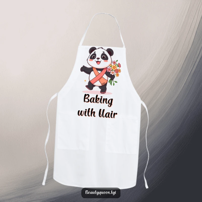 Funny panda apron depicting a smiling panda wearing a sash and a chef hat, prancing with flowers.