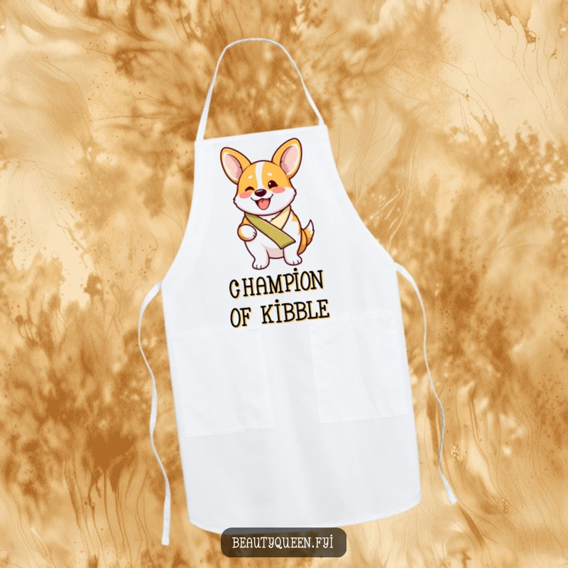 Funny proud corgi wearing a sash, beaming with excitement on a practical and humorous kitchen apron.