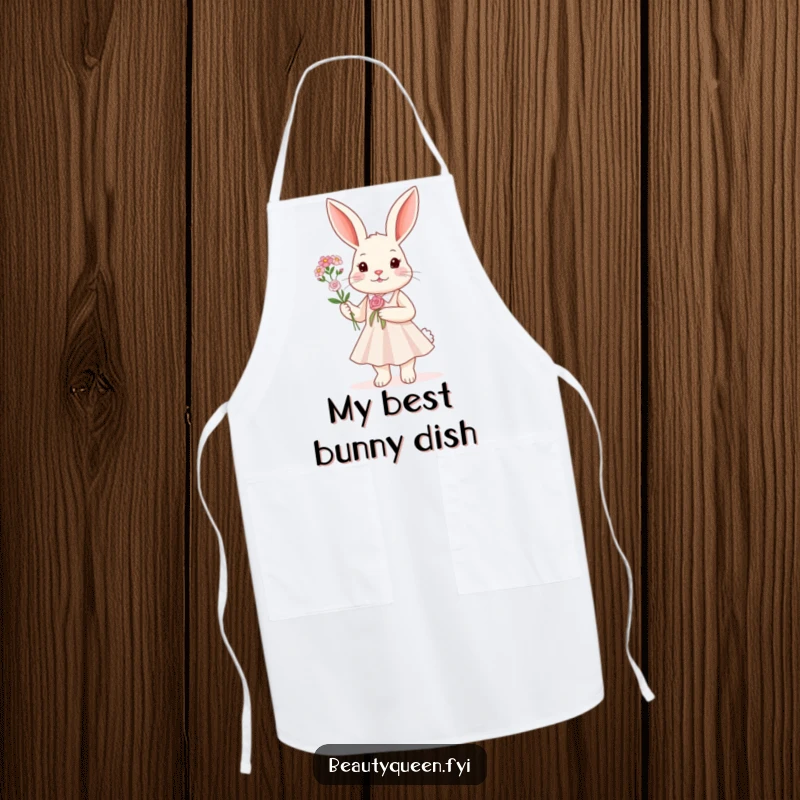 Funny Apron featuring a rabbit in a glittering sparkly dress holding a small flower bouquet, perfect for humorous culinary adventures.