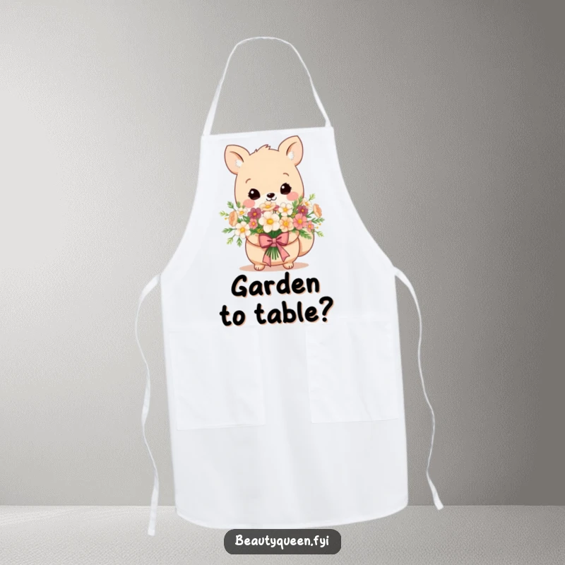 Funny apron depicting an adorable animal holding a bouquet of flowers, tied with an elegant, regal bow.