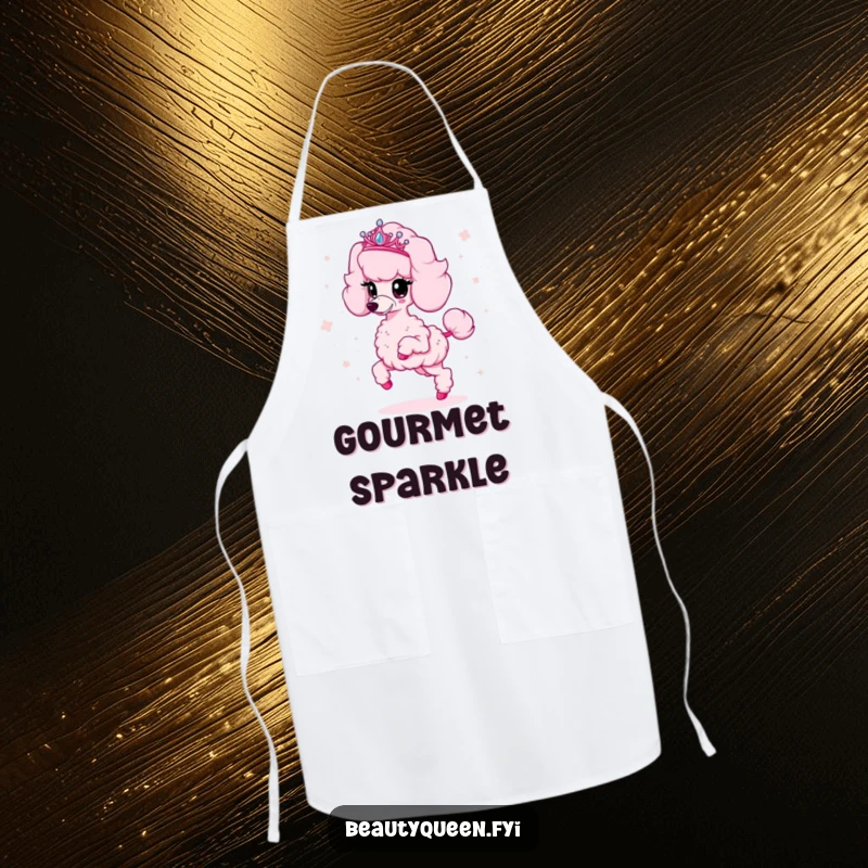 Funny poodle apron featuring a fluffy pink poodle in a tiara, prancing and scattering sparkles, ideal for glamorous kitchen activities.