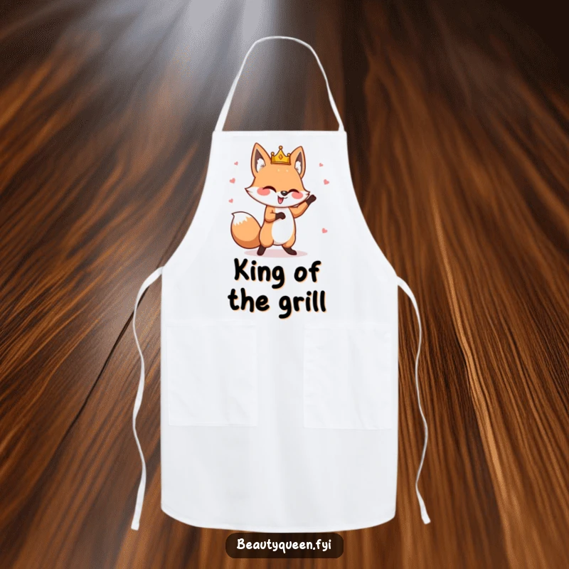 Funny fox apron depicting a goofy fox with a tilted crown, performing a whimsical dance, ideal for playful and regal kitchen tasks.
