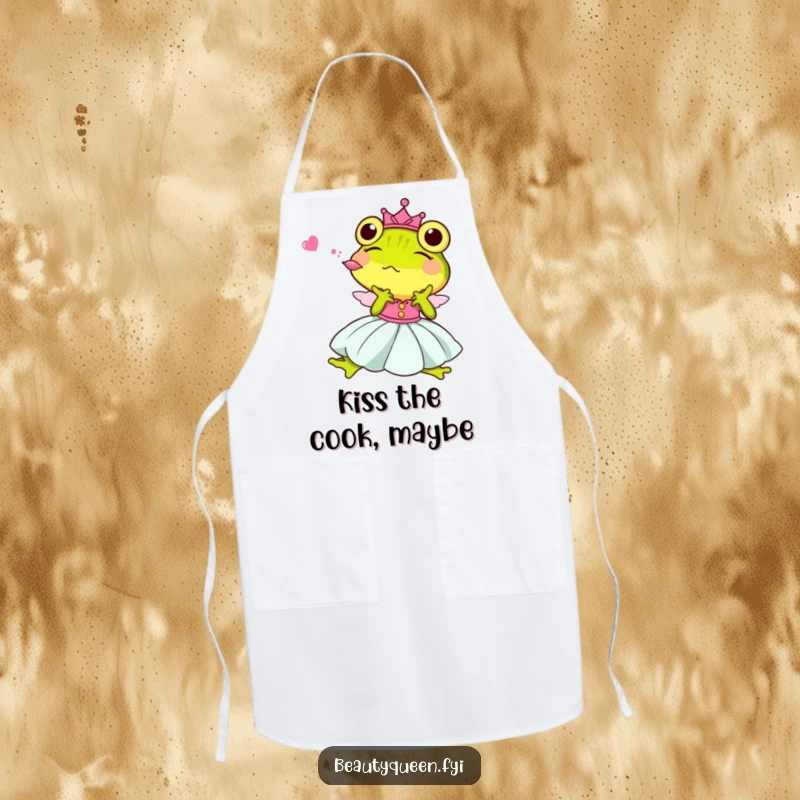 Funny Princess Frog Apron, a regal frog in a gown blowing a kiss, perfect for humorous kitchen adventures.
