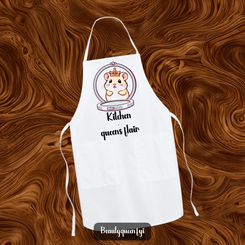 Funny apron with a cute hamster queen in a small crown peeking from behind a large compact mirror, ready for royal culinary duties.
