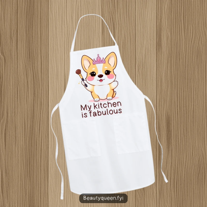Funny Corgi Apron: A blushing corgi princess with a tiara holds a makeup brush, ready to whip up a royal feast with humor.