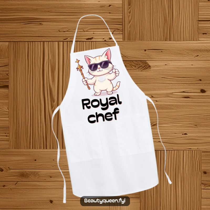 Funny cat apron featuring a cartoon cat wearing sunglasses and holding a scepter, perfect for adding authority to cooking.