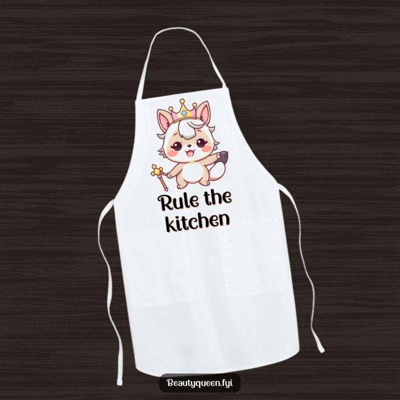 Funny apron depicting a smiling animal character wearing a crown and holding a scepter, ready for royal culinary duties.