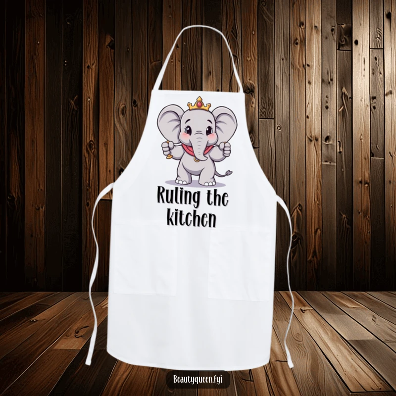Funny elephant apron with a regal elephant in a dramatic pose holding a scepter, perfect for adding authority and humor to cooking.