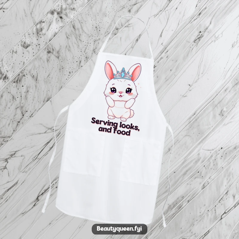 Funny bunny apron showing a fluffy rabbit with a sparkly tiara, posing proudly in the kitchen, ready to cook up some hilarious meals.