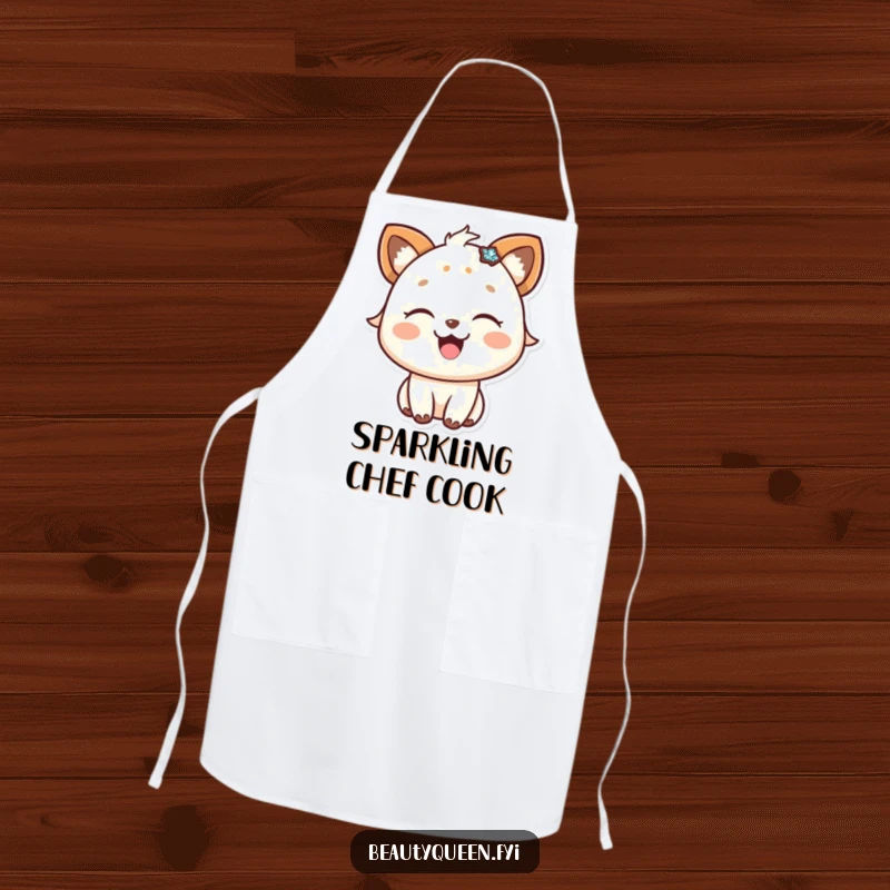 Funny apron design showing a happy animal with eyes closed in delight, wearing a sparkly accessory.