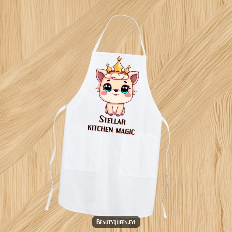 Funny apron featuring a sweet animal wearing a sparkling star crown, eyes wide with delightful amazement.
