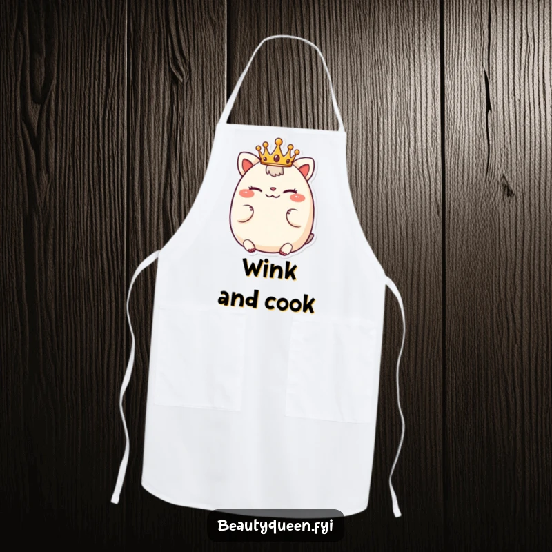 Funny apron depicting a chubby animal character wearing a tiny crown, winking playfully, ready for kitchen fun.