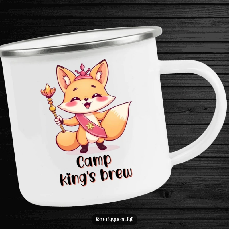 Funny camping mug with a giggling fox in a sash holding a scepter, striking a triumphant pose, ready for outdoor fun.