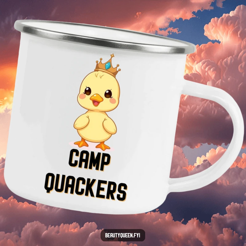 Funny camping mug with a cute duckling beaming while balancing a tiny tiara, perfect for sunny outdoor trips.
