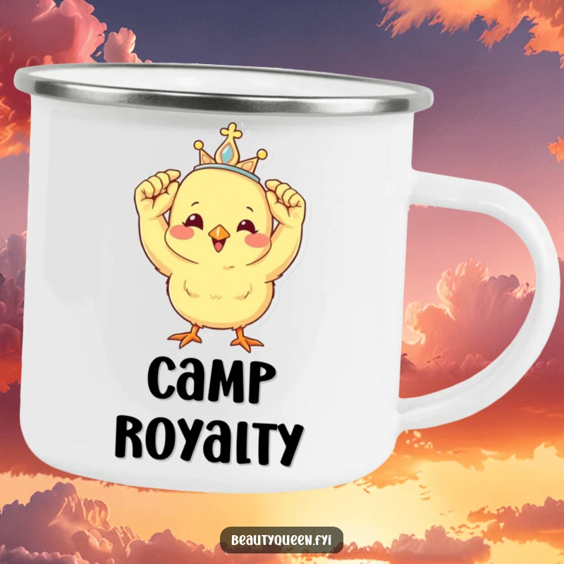 Funny camping mug featuring a cheerful chick adjusting a miniature tiara, perfect for royal adventures outdoors.
