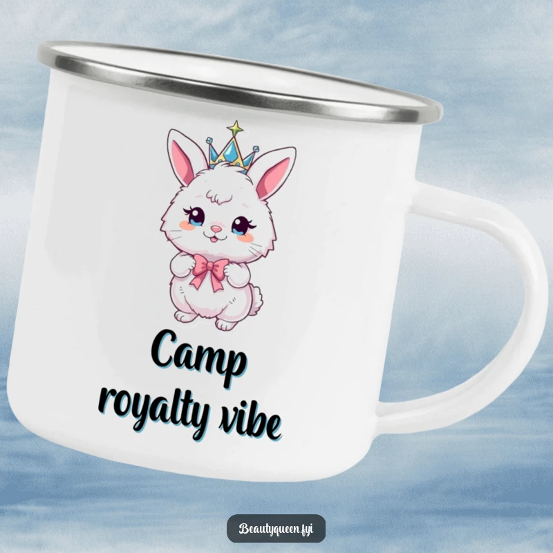 Funny bunny camping mug depicting a fluffy bunny wearing a sparkly crown and posing playfully with a bow.