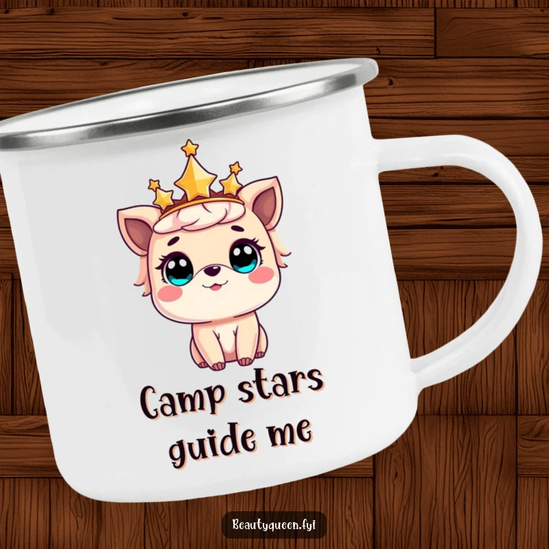 Funny camping mug depicting a sweet animal with a star-adorned crown, gazing in amazement at the night sky.