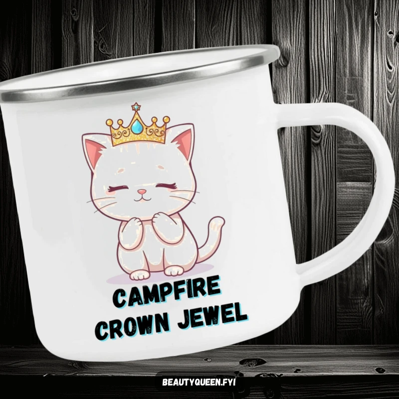 Funny camping mug with a kawaii cat in a glittering crown, attempting a curtsy.