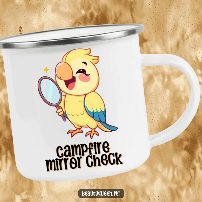 Funny parrot camping mug showing a joyful parrot smiling while holding a mirror, perfect for outdoor enjoyment and adding a touch of avian glamour.