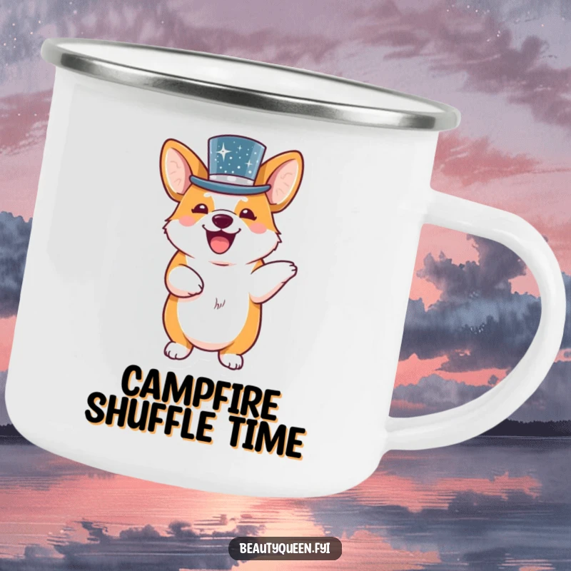 Funny corgi in a sequined top hat doing a little dance on a sturdy camping mug.