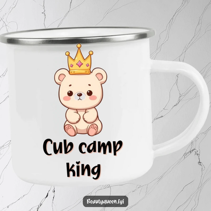 Funny bear camping mug featuring a kawaii bear cub precariously balancing a tiny crown, perfect for durable outdoor use.
