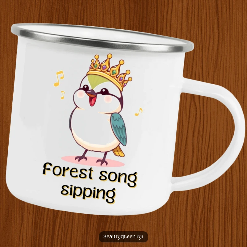 Funny Chickadee Camping Mug: A charming chickadee with a royal headdress happily chirps, ready for a royal outdoor adventure.