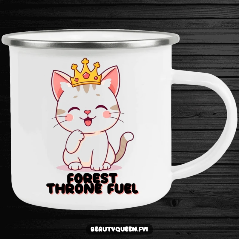 Funny cat in a tiny crown, posing regally with a paw on its chin, designed for a durable camping mug. Royal outdoor art.