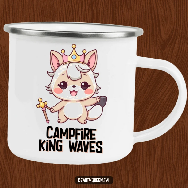 Funny camping mug with a smiling animal character wearing a crown and holding a scepter, ready for royal adventures.
