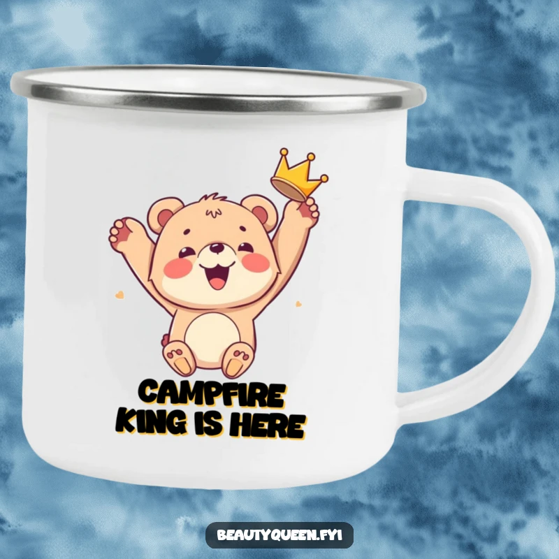 Funny bear cub camping mug featuring a smiling cub joyfully tossing a crown, perfect for enjoying hot drinks with hilarious kingly vibes.