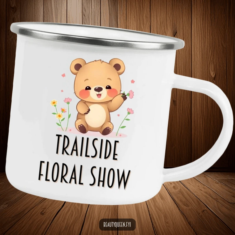 Funny camping mug with a small bear cub clumsily juggling tiny blooming flowers.